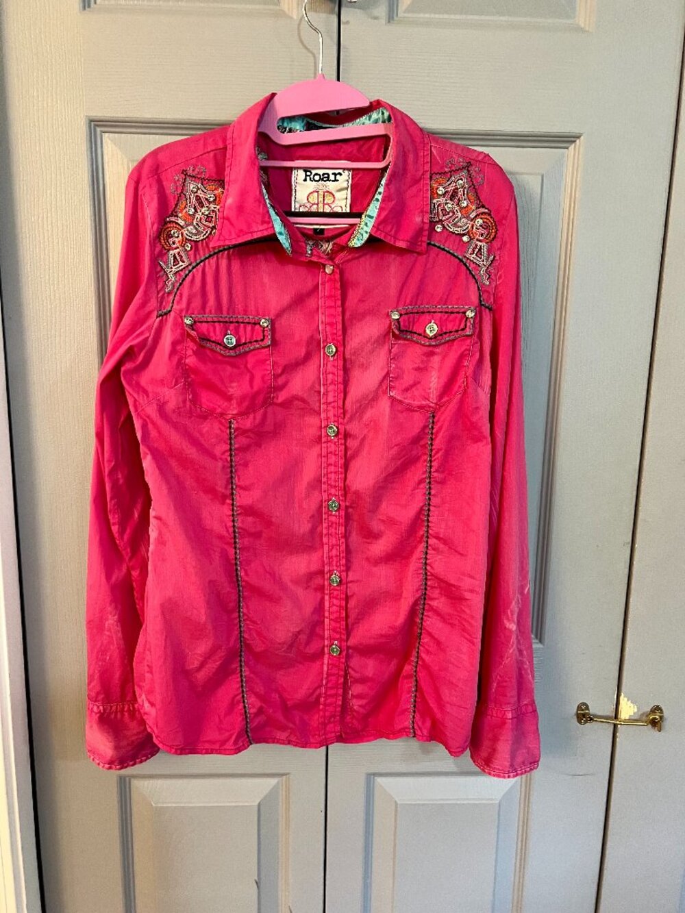 Roar Western Embroidered Cowgirl Button Up Shirt Pink Rodeo Large